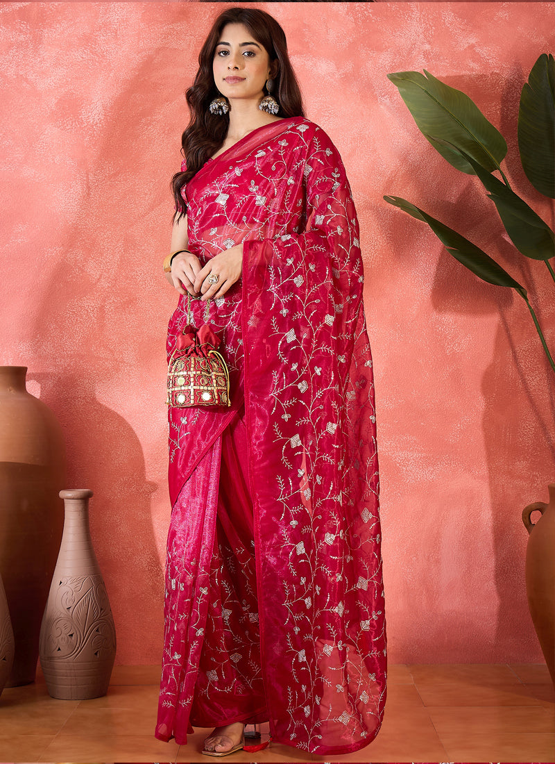 Red Organza Sequence Embroidered Party Wear Saree with Blouse