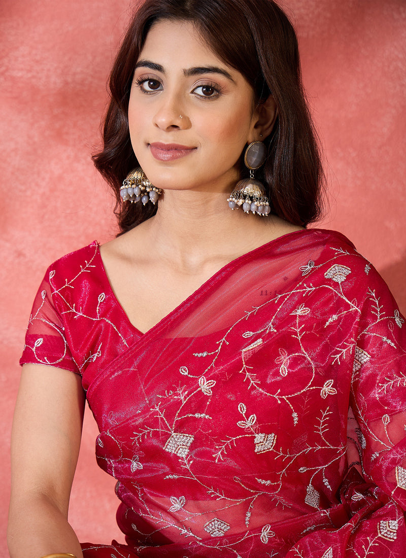 Red Organza Sequence Embroidered Party Wear Saree with Blouse