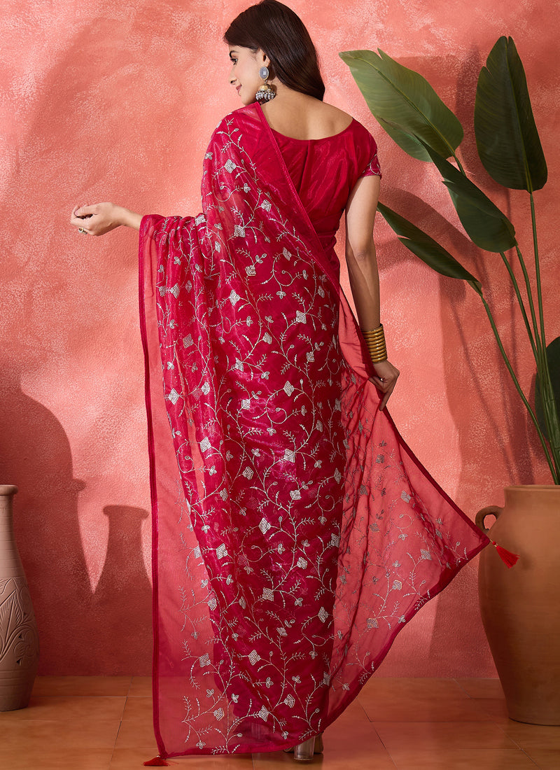 Red Organza Sequence Embroidered Party Wear Saree with Blouse
