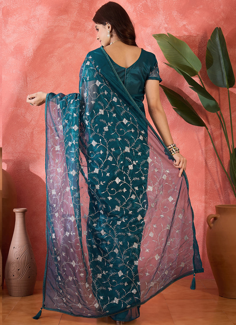 Vegaa Fashion Aqua Blue Organza Sequence Embroidered Party Wear Saree