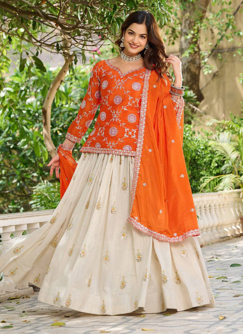 Orange Chinon Silk Embroidered Lehenga Style Suit