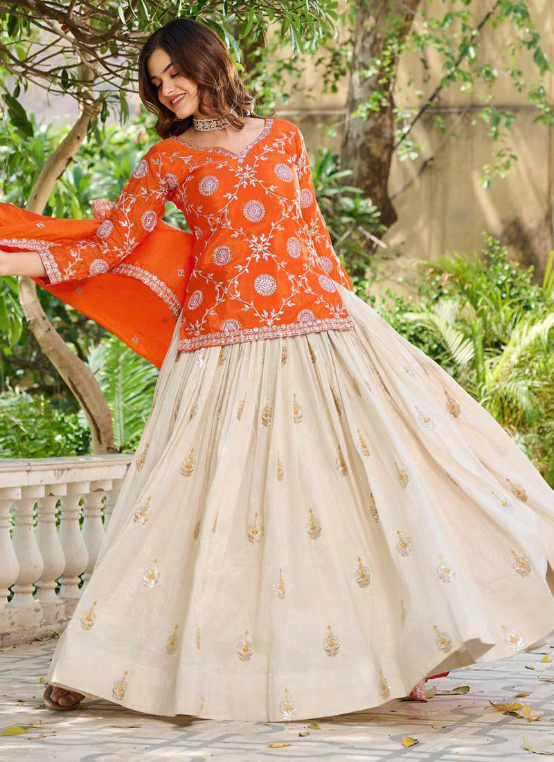 Orange Chinon Silk Embroidered Lehenga Style Suit