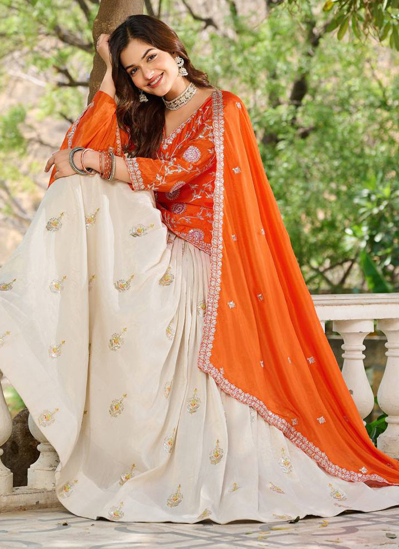 Orange Chinon Silk Embroidered Lehenga Style Suit