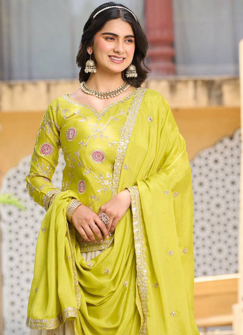 Vegaa Fashion Light Green Chinon Silk Embroidered Lehenga Style Suit
