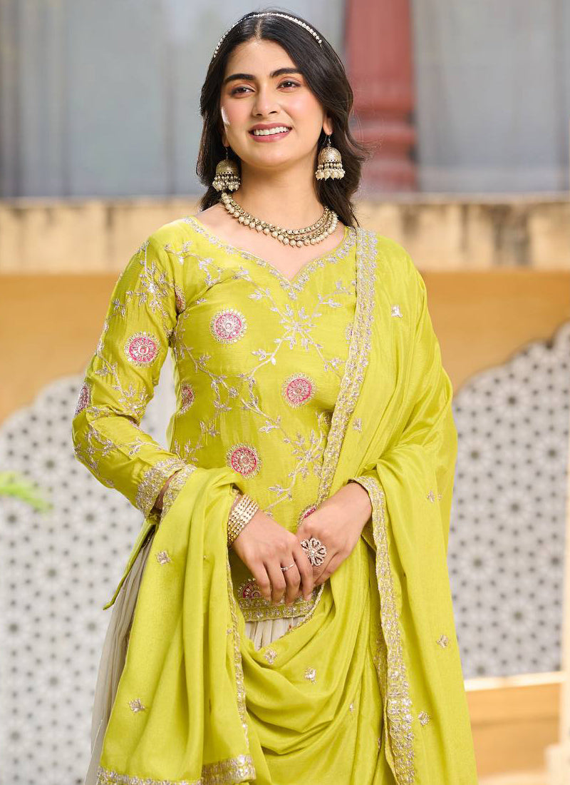 Vegaa Fashion Light Green Chinon Silk Embroidered Lehenga Style Suit