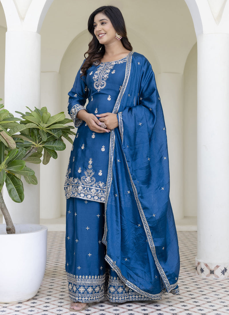 Aqua Blue Chinon Silk Embroidered Palazzo Suit Set