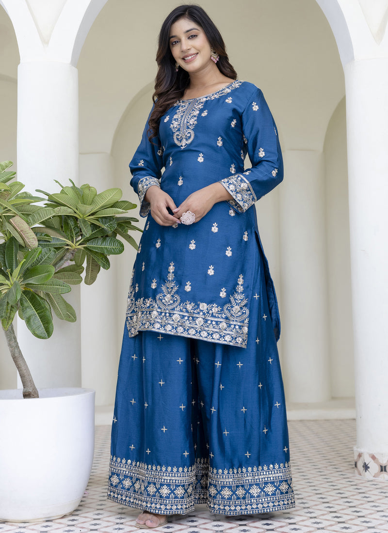 Aqua Blue Chinon Silk Embroidered Palazzo Suit Set