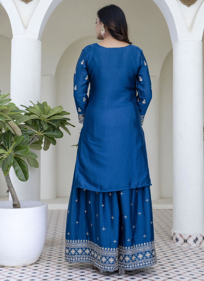 Aqua Blue Chinon Silk Embroidered Palazzo Suit Set