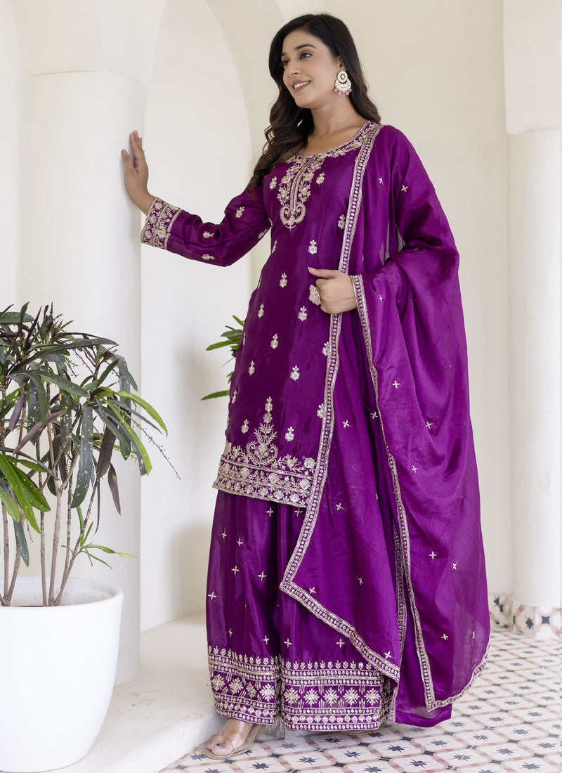 Purple Chinon Silk Embroidered Palazzo Suit for Women