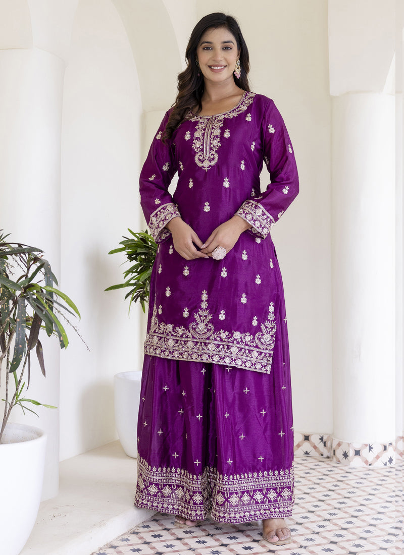 Purple Chinon Silk Embroidered Palazzo Suit for Women