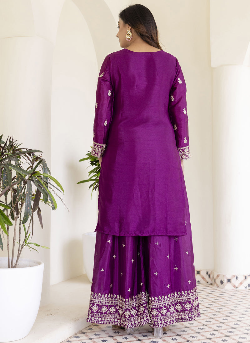 Purple Chinon Silk Embroidered Palazzo Suit for Women