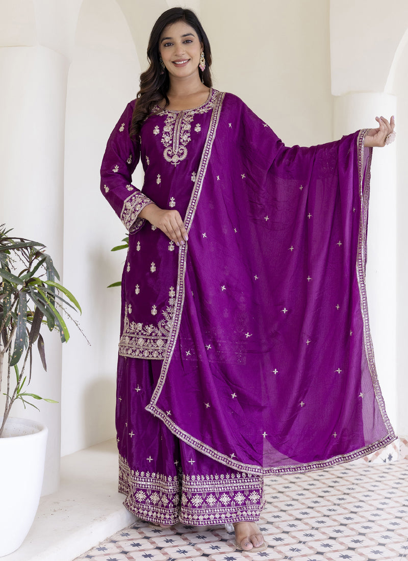 Regal Purple Chinon Silk Palazzo Suit with detailed gota patti embroidery