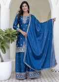 Aqua blue chinon silk designer palazzo suit with traditional gota patti embroidery