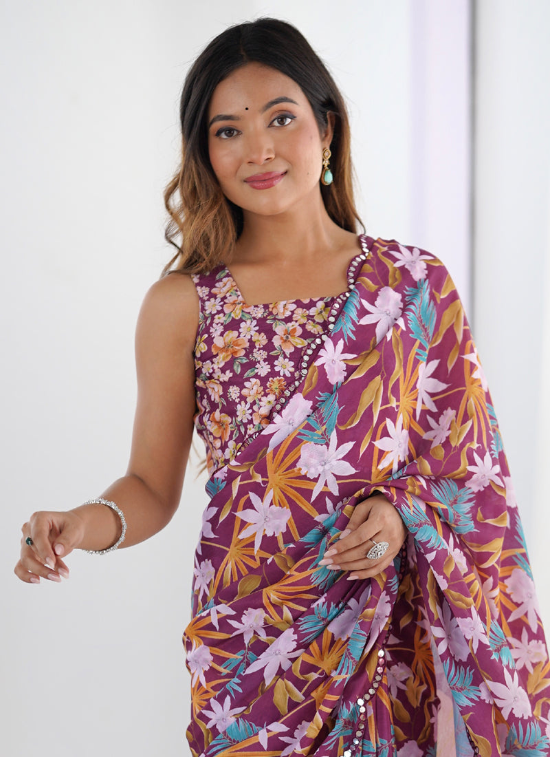 Wine Chinon Printed Party Wear Saree with Unstitched Blouse