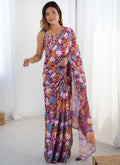 Wine colored Chinon printed saree for parties with unstitched blouse