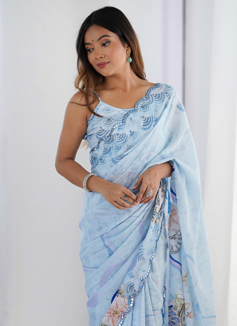 Light Blue Chinon Printed Party Wear Saree with Unstitched Blouse
