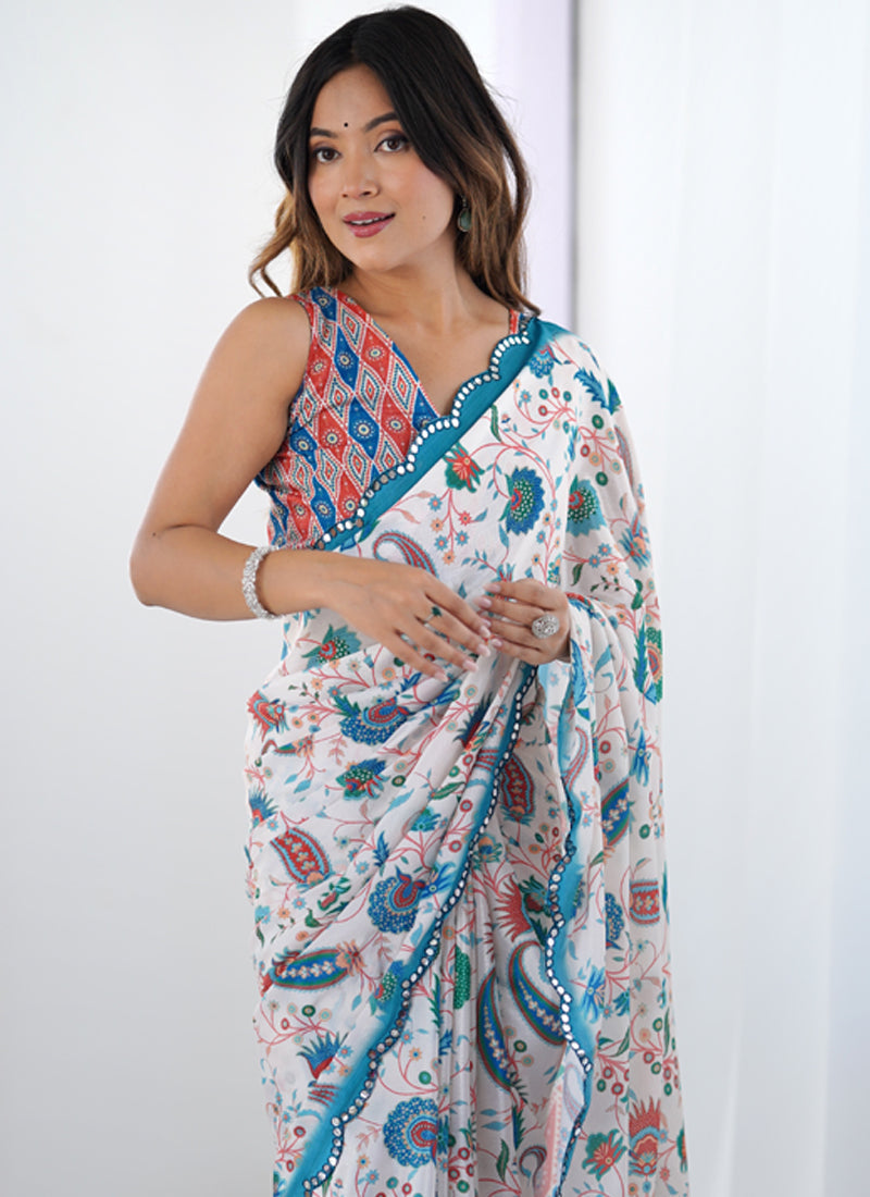 Off White Chinon Printed Party Wear Saree with Unstitched Blouse