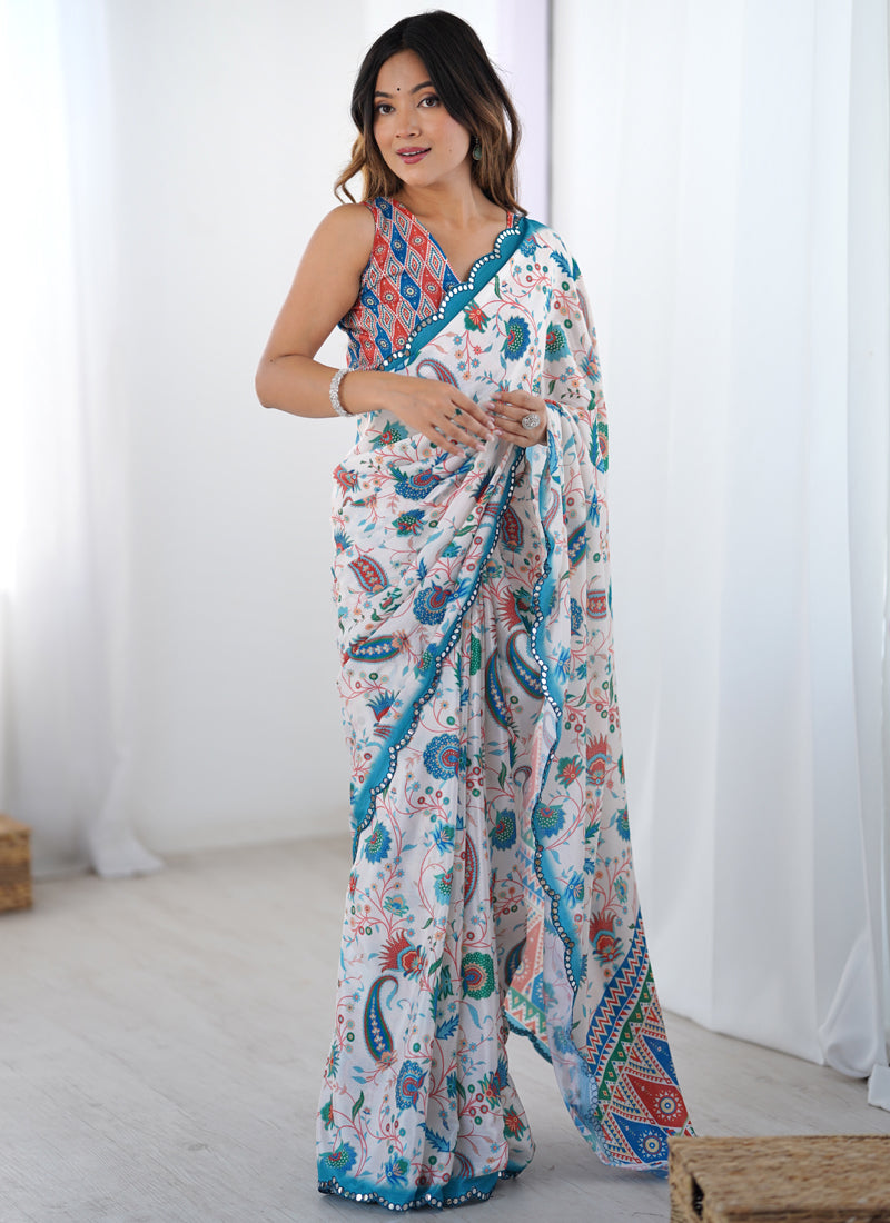 Off white Chinon printed party wear saree with unstitched blouse