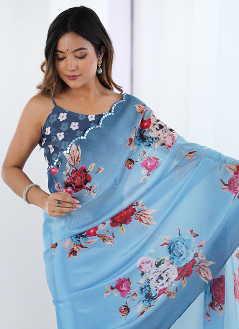 Light Blue Chinon Printed Party Wear Saree with Blouse