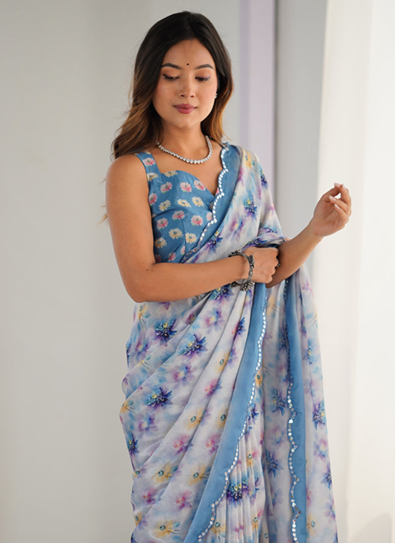 Off White Chinon Printed Party Wear Saree with Unstitched Blouse