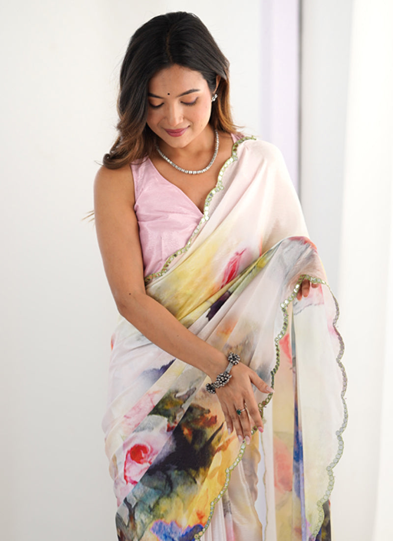 Off White Chinon Printed Party Wear Saree with Unstitched Blouse