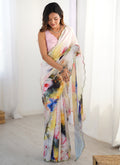 Off white Chinon printed party wear saree with unstitched blouse