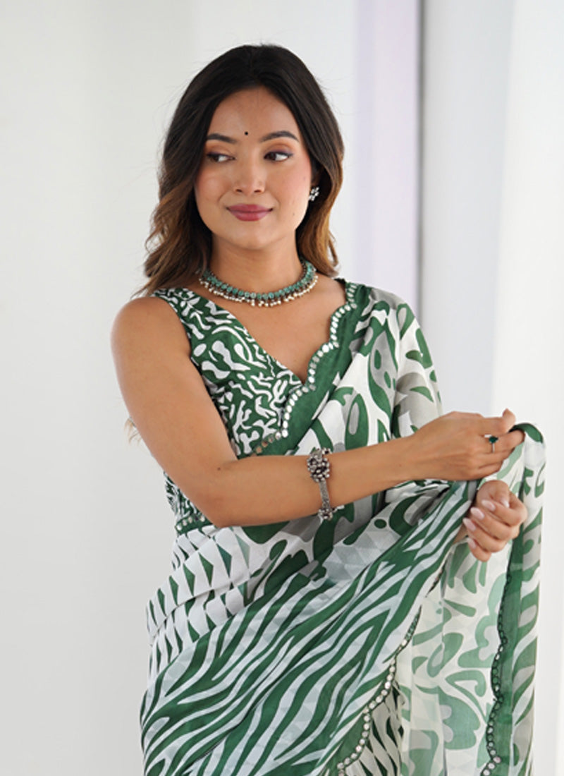 Off White Chinon Printed Party Wear Saree with Blouse Piece