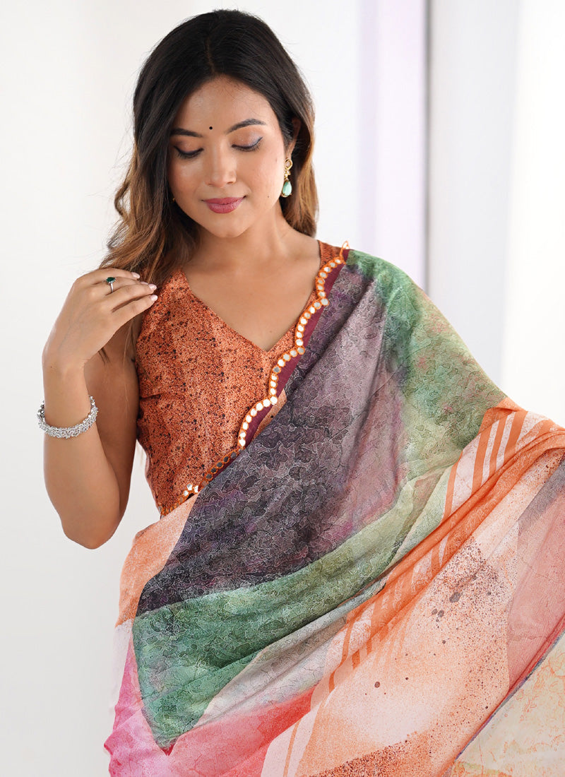 Multi Color Chinon Printed Party Wear Saree with Blouse