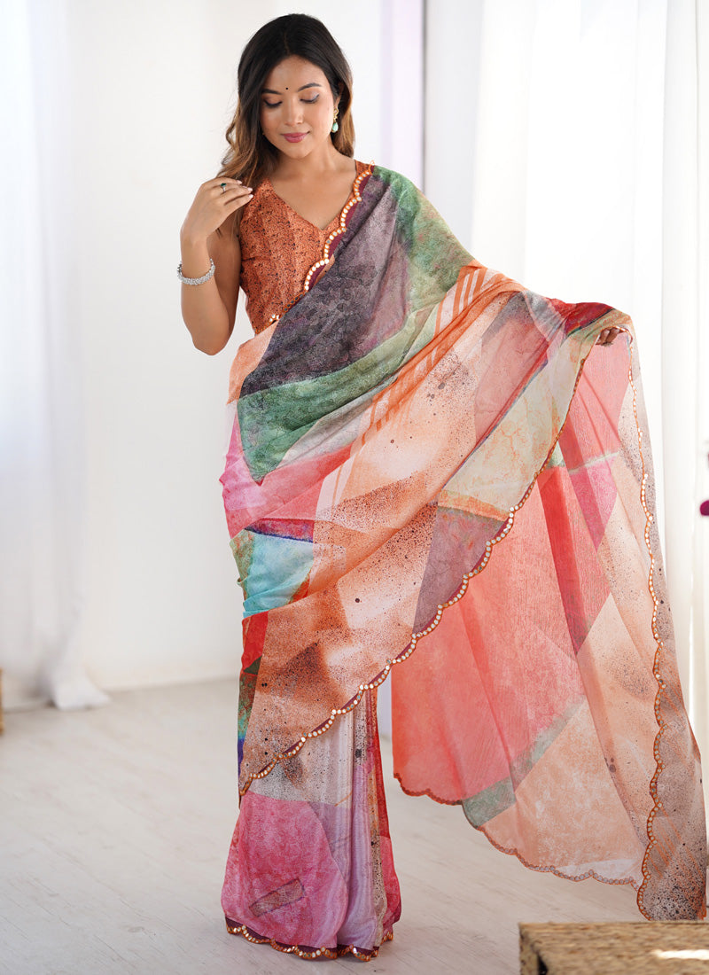 Multi-colored printed Chinon saree with unstitched blouse piece for parties