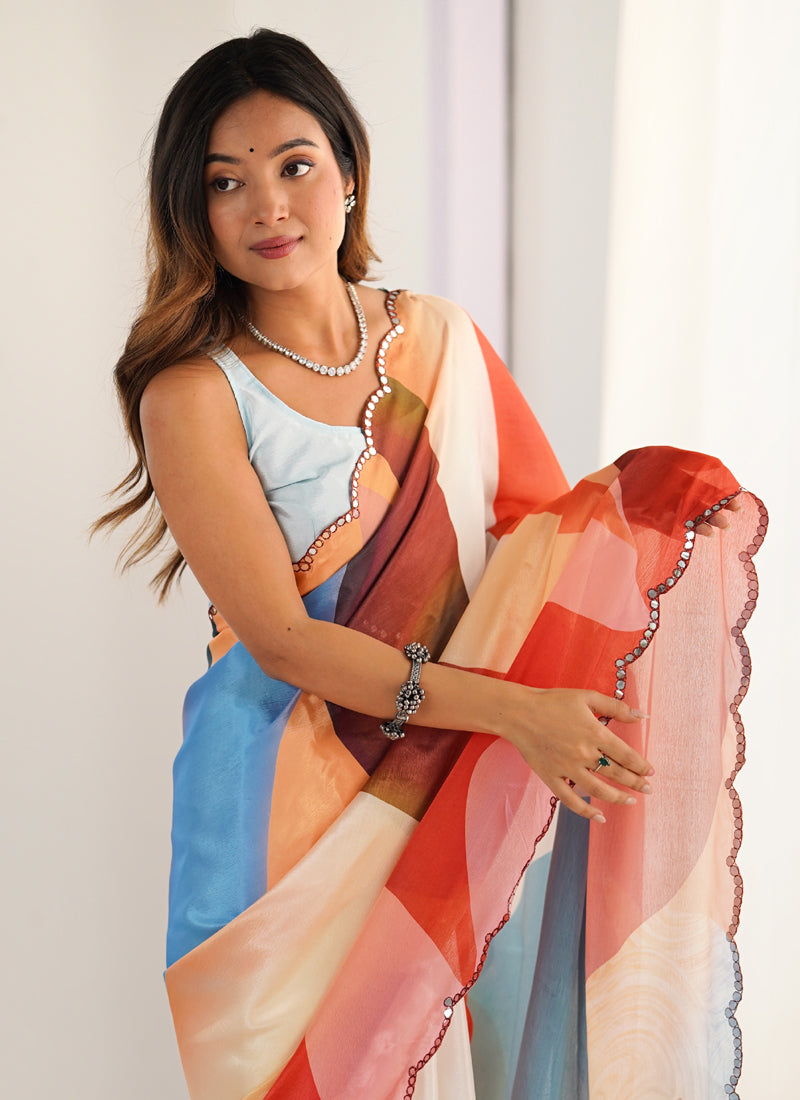 Multi-Color Geometric Print Chinon Saree with Unstitched Blouse