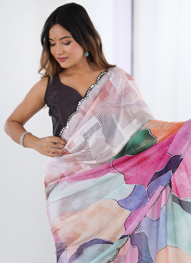 Multi Color Chinon Printed Party Wear Saree with Blouse