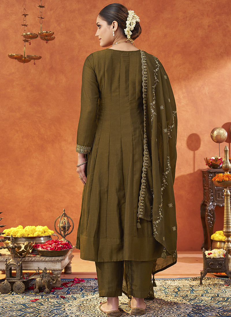 Dark Golden Silk Blend Embroidered A-Line Salwar Suit Set