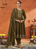 Dark Golden silk blend embroidered A-line salwar suit set