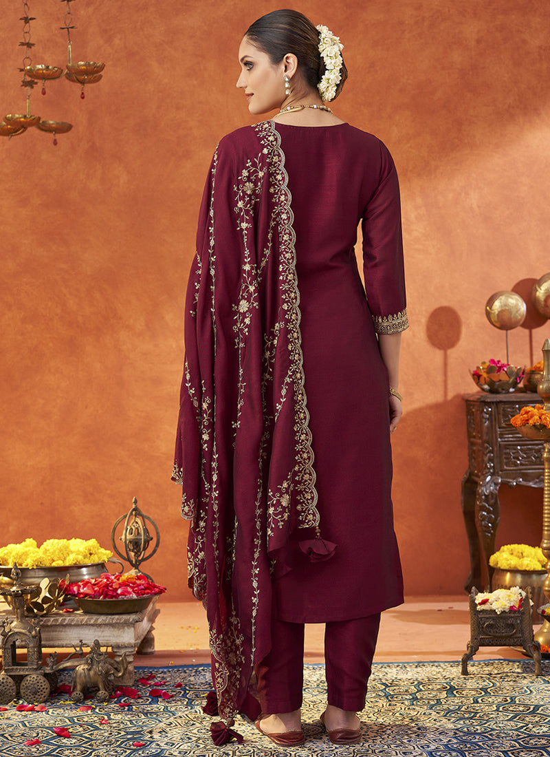 Maroon Silk Blend A-Line Embroidered Salwar Suit with Dupatta