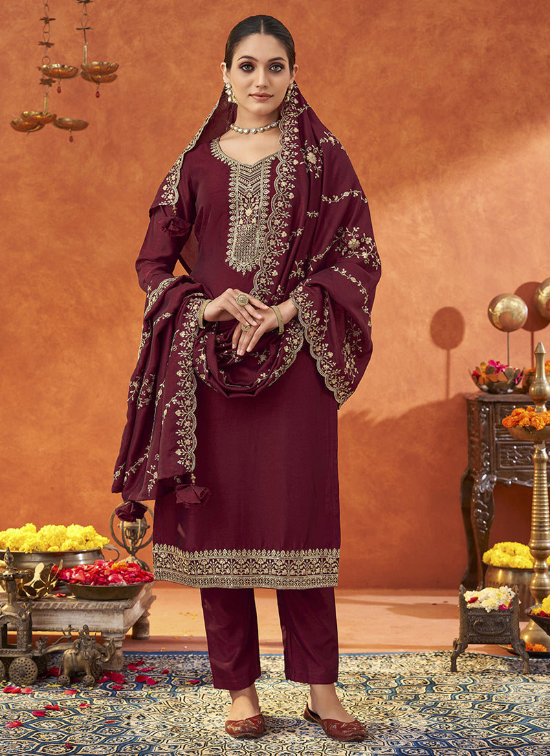 Elegant maroon silk blend A-line salwar suit with intricate embroidery and matching dupatta