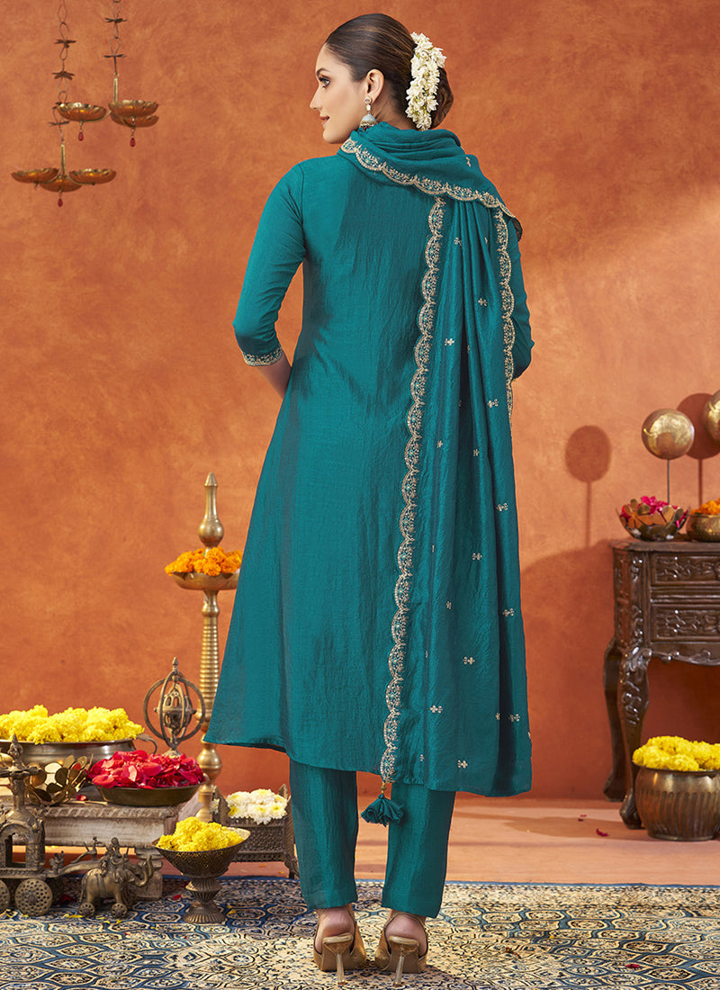 Rama Silk Blend A-Line Embroidered Salwar Suit with Dupatta
