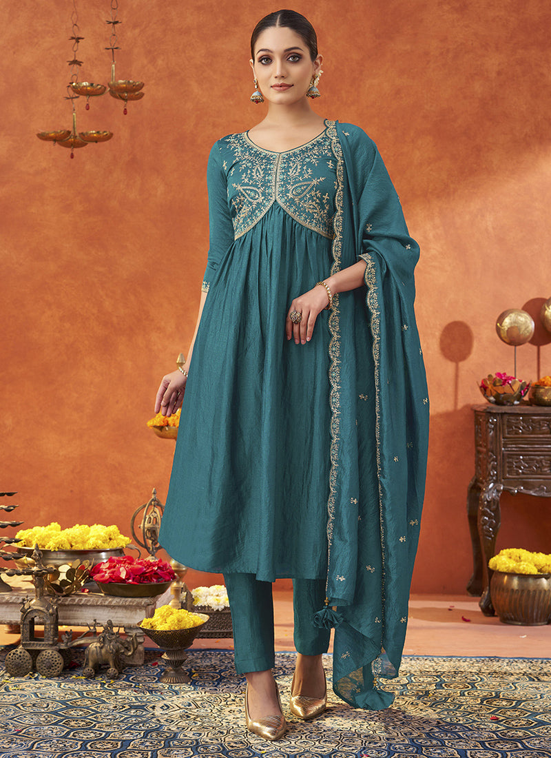 Rama silk blend embroidered A-line salwar suit with matching dupatta