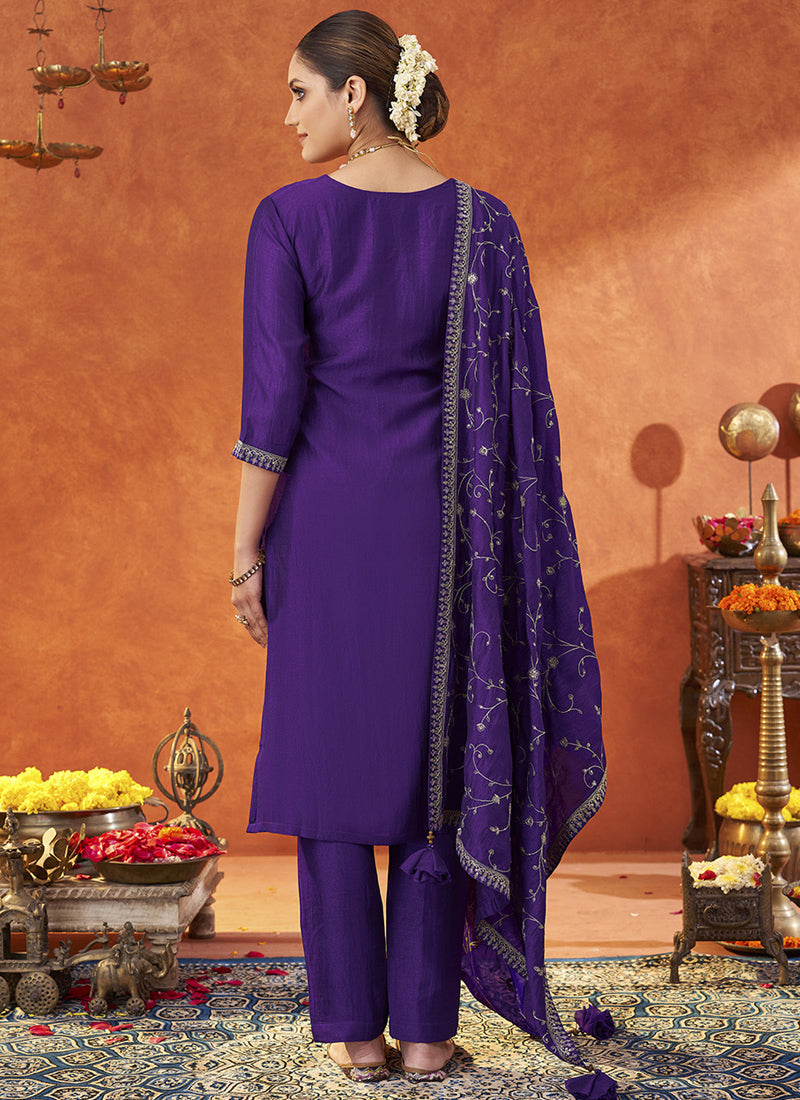 Violet Silk Blend Embroidered A-Line Salwar Suit for Women