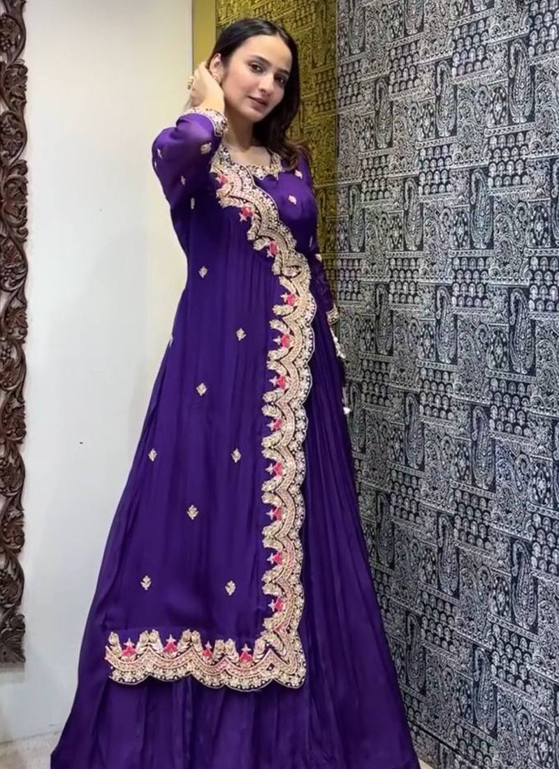 Violet Georgette A-Line Embroidered Designer Gown