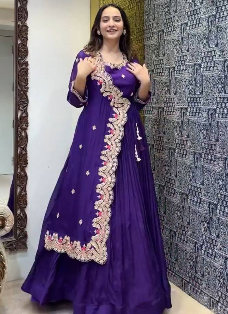 Violet georgette A-line embroidered floor-length designer gown