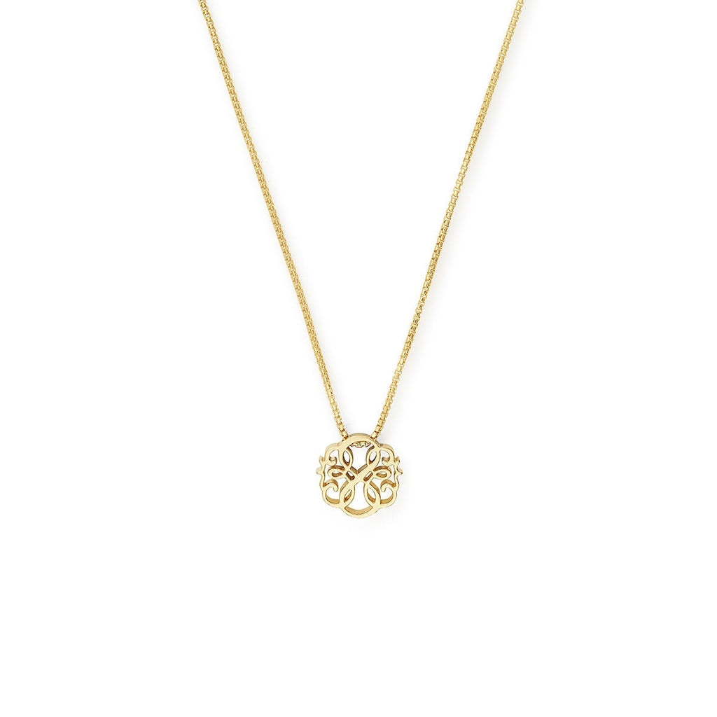 Close up of Path of Life® silver knotted charm necklace on an adjustable box chain