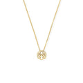 Close up of Path of Life® silver knotted charm necklace on an adjustable box chain