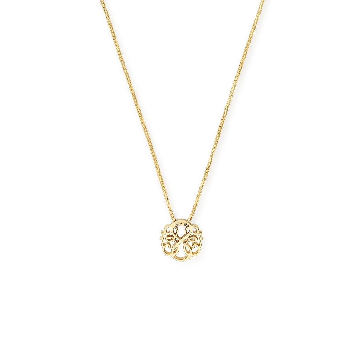 Close up of Path of Life® silver knotted charm necklace on an adjustable box chain