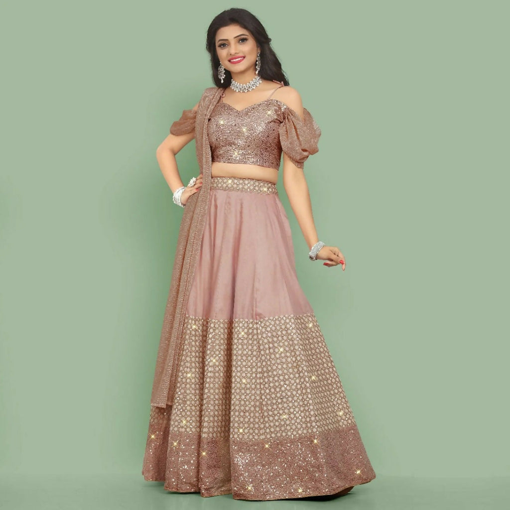 Dusty Rose Pink Muslin Silk Lehenga with detailed sequin and Dori embroidery