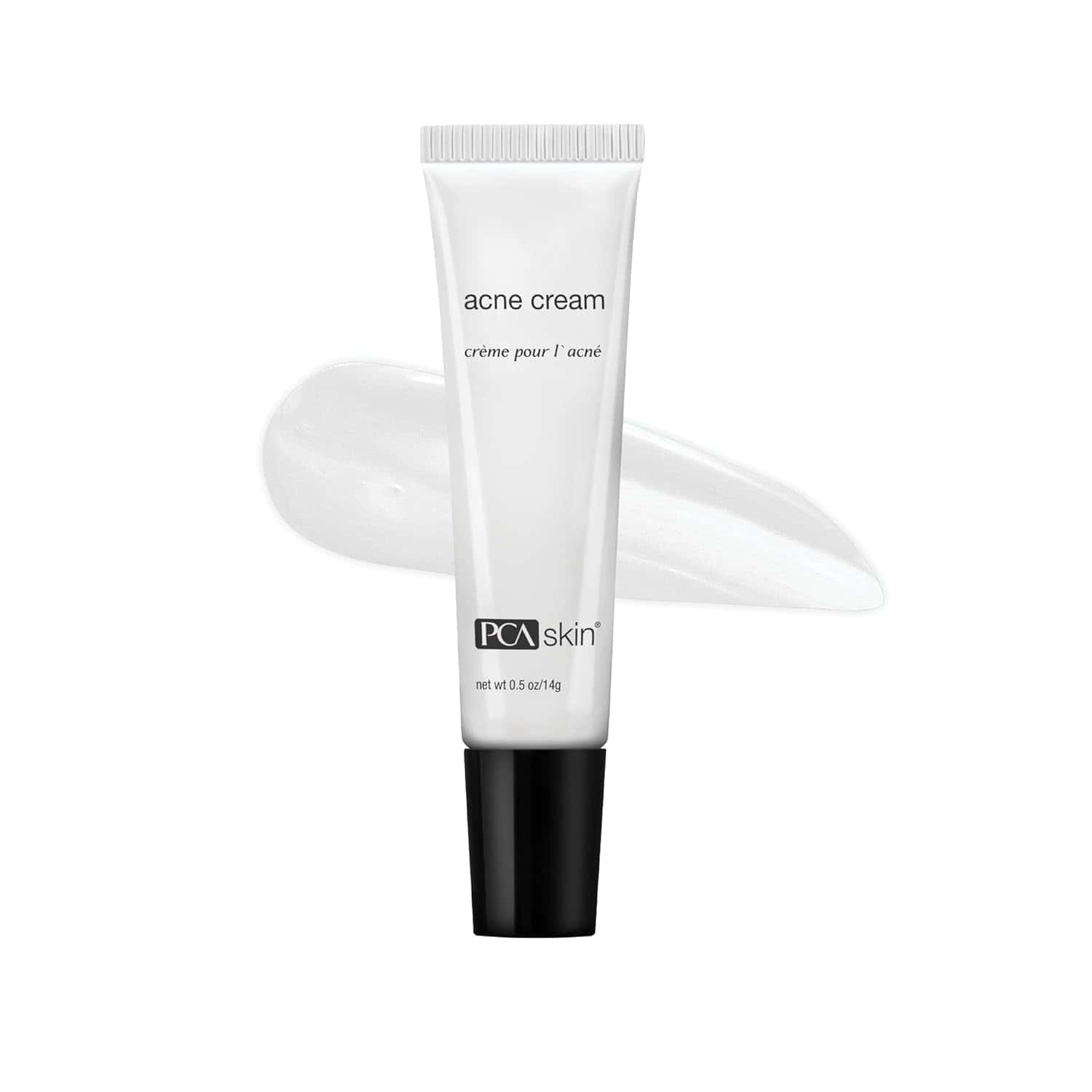 PCA Skin Acne Cream 0.5 oz tube, a benzoyl peroxide spot treatment for blemishes.