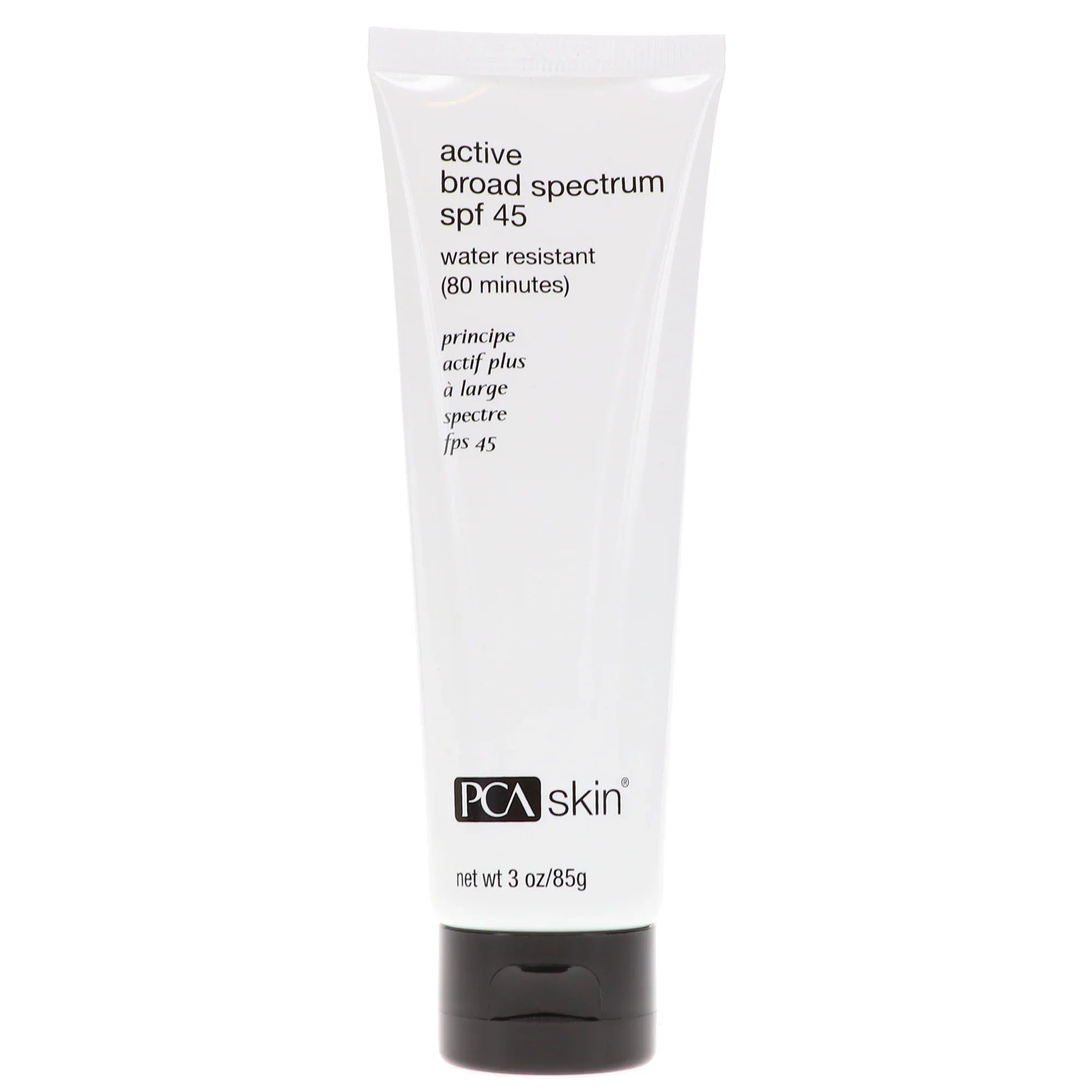 PCA Skin Active Broad Spectrum SPF 45 white and black bottle, 3 oz size.