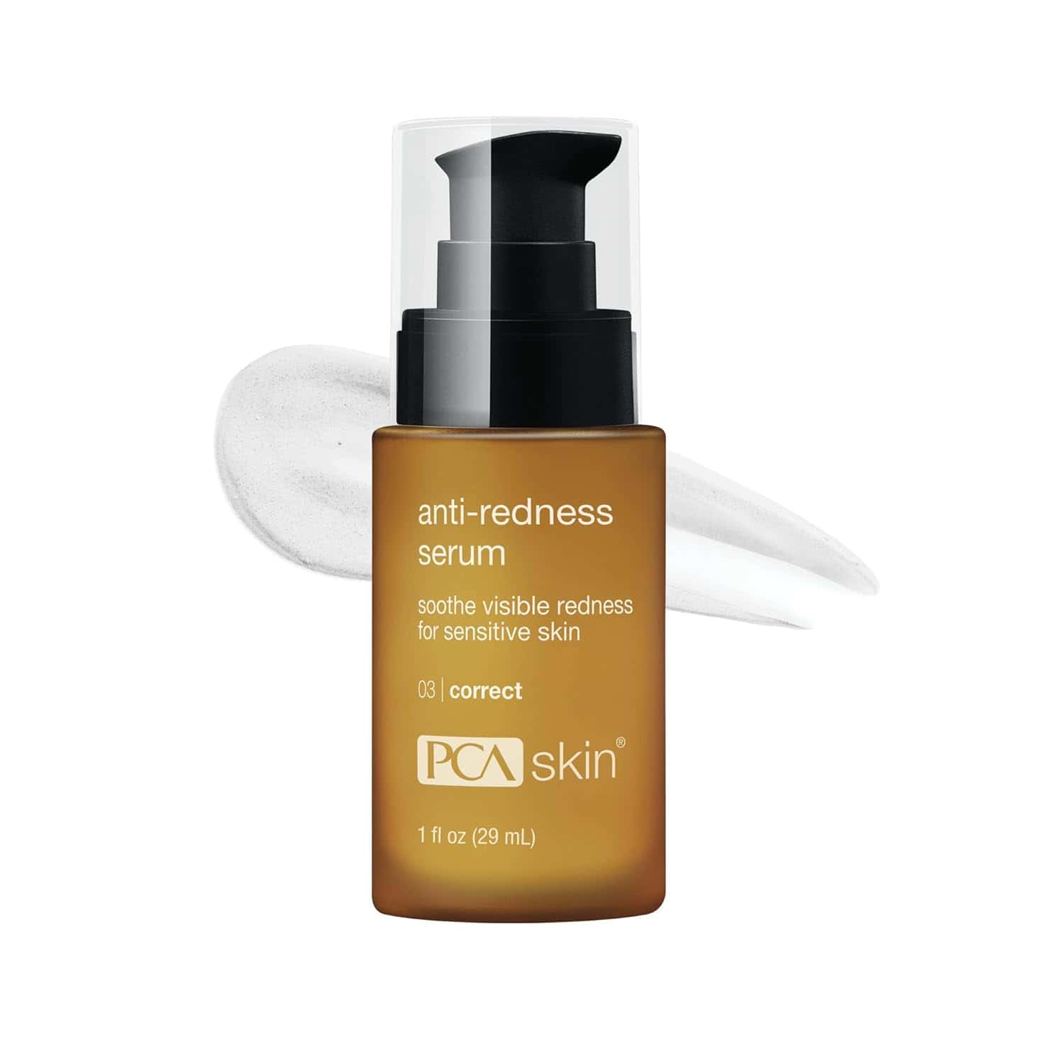 1 oz PCA Skin Anti-Redness Serum bottle against a minimalist clinical background.