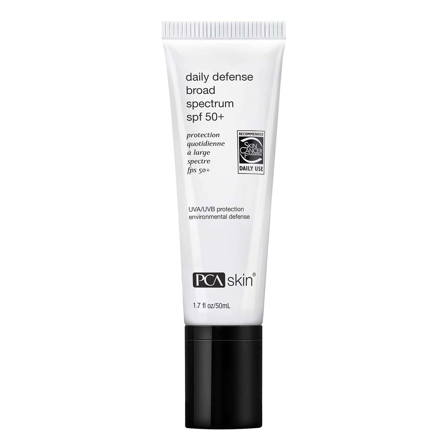PCA Skin Daily Defense Broad Spectrum SPF 50+ sunscreen bottle in white and black