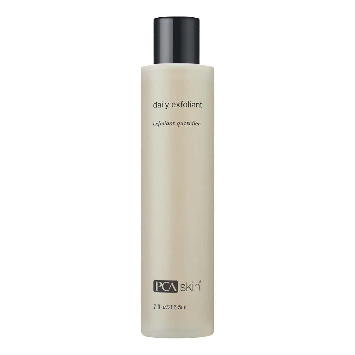Neutral beige bottle of PCA Skin Daily Exfoliant with black text, minimalist skincare design