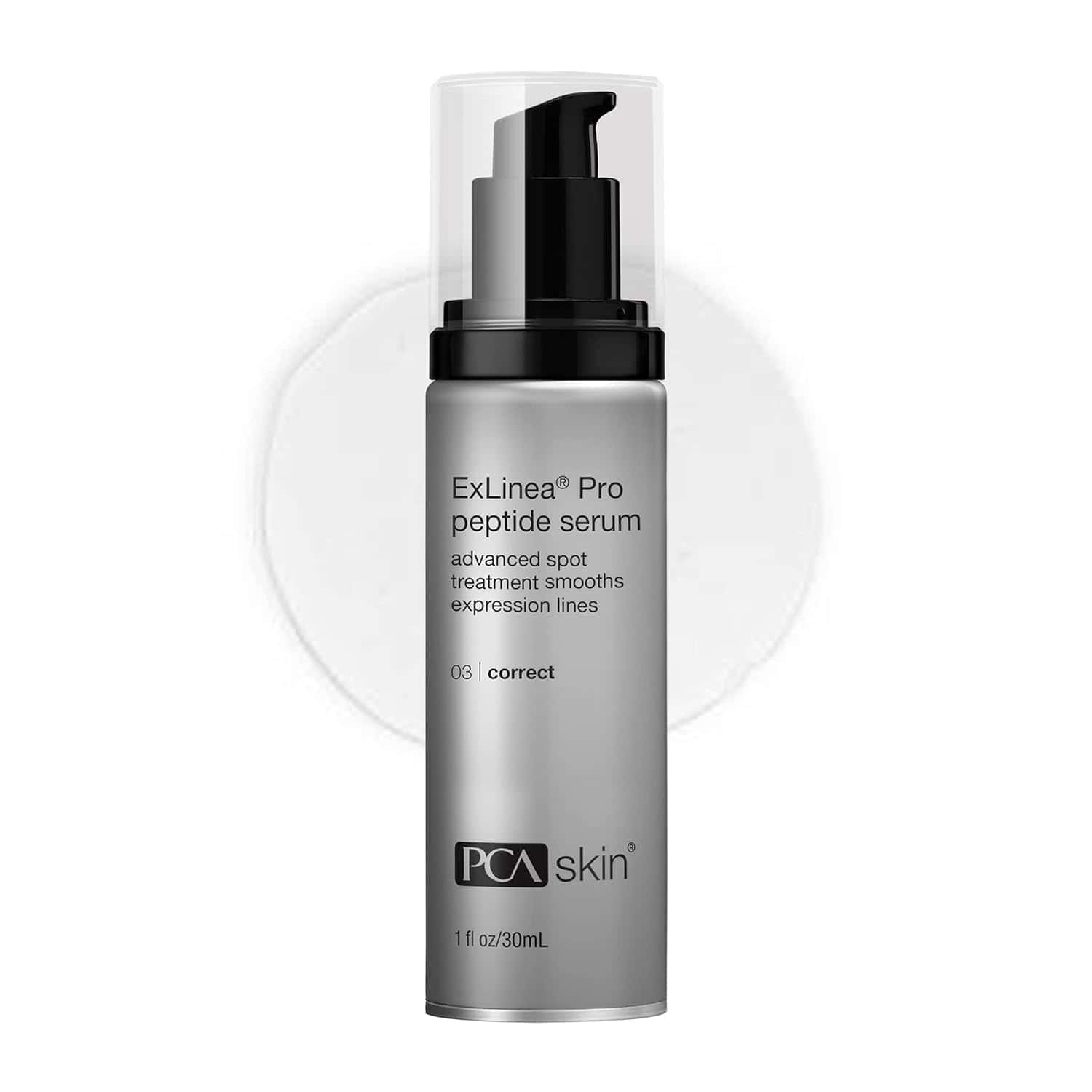 PCA Skin ExLinea Pro peptide serum in silver and black packaging.